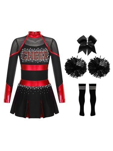 HULIJA Kinder Mädchen Cheer Leader Kleid Langarm Cheerleading Uniform mit Pompoms + Socken + Kopfschmuck Cheer Outfits Set Karneval Cosplay A Rot schwarz 146-152 von HULIJA