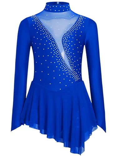 HULIJA Kinder Mädchen Eiskunstlauf Kleid Langarm Ballettkleid mit Strass Kürkleid Tanz Trikot Asymmetrische Rock Wettbewerb Tanzkleidung Blau 122-128 von HULIJA