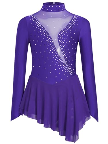 HULIJA Kinder Mädchen Eiskunstlauf Kleid Langarm Ballettkleid mit Strass Kürkleid Tanz Trikot Asymmetrische Rock Wettbewerb Tanzkleidung Lila 110-116 von HULIJA