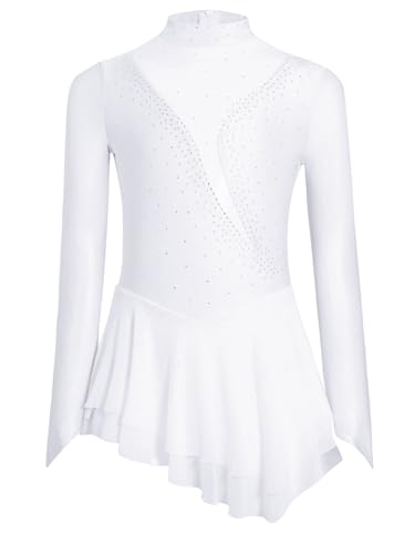 HULIJA Kinder Mädchen Eiskunstlauf Kleid Langarm Ballettkleid mit Strass Kürkleid Tanz Trikot Asymmetrische Rock Wettbewerb Tanzkleidung Weiß 134-140 von HULIJA