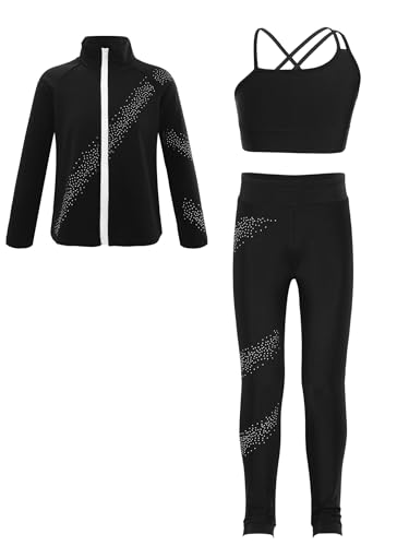 HULIJA Kinder Mädchen Eiskunstlauf Kleidung Set Langarm Eiskunstlauf Mantel mit Strass + Tank Top + Hose Lang Sportanzug Training Jogging Schwarz 158-164 von HULIJA