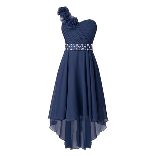 HULIJA Kinder Mädchen Festlich Blumenmädchenkleid Chiffonkleid Abendkleid mit Blumen-Einschulter für Geburtstag Hochzeit Party Navy Blau 134-140 von HULIJA