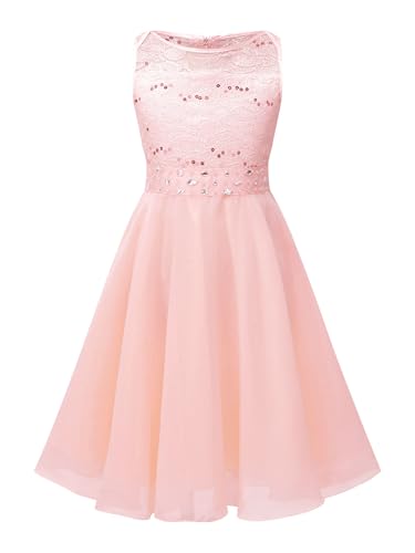 HULIJA Kinder Mädchen Festlich Kleid Hochzeit Ärmellose Blumenkinderkleid Spitze Taufkleid Chiffonkleid Festzug Geburtstag Party A Perlrosa 110-116 von HULIJA