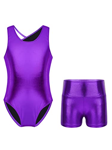 HULIJA Kinder Mädchen Glänzend Turnanzug Ärmellos Tanzbody mit Shorts Gymnastikanzug Bühnenauftritt Gymnastik Tanzkleidung A Lila 146-152 von HULIJA