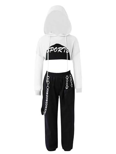 HULIJA Kinder Mädchen Hip Hop Kleidung Set Kaupzenpullover + Tank Top + Cargohose Jazz Jogginganzug Training Sport Tanzkleidung Weiß 140 von HULIJA