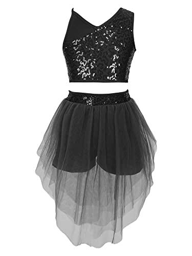 HULIJA Kinder Mädchen Tanz Outfit Set Pailletten Crop Top mit Tanzrock Pailletten Tops Ballettrock Tanzkostüm Hip Hop Jazz Kleidung A Schwarz 146-152 von HULIJA