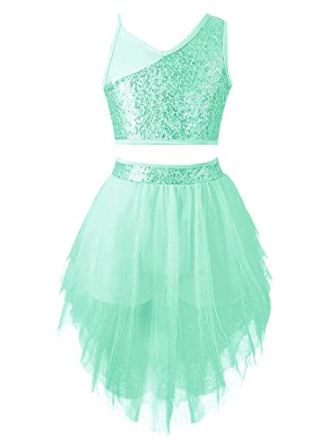 HULIJA Kinder Mädchen Tanz Outfit Set Pailletten Crop Top mit Tanzrock Pailletten Tops Ballettrock Tanzkostüm Hip Hop Jazz Kleidung A Mint Grün 122-128 von HULIJA