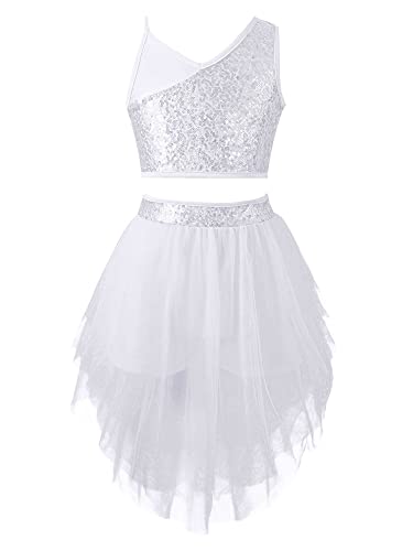 HULIJA Kinder Mädchen Tanz Outfit Set Pailletten Crop Top mit Tanzrock Pailletten Tops Ballettrock Tanzkostüm Hip Hop Jazz Kleidung A Weiß 122-128 von HULIJA