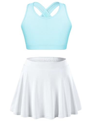 HULIJA Kinder Mädchen Tennis Set Kurz Sport Bustier + Tennisrock mit Innenhose Tenniskleid Sportanzug Sommer Tennis Sport Fitness Db Hellblau & Weiß 146-152 von HULIJA