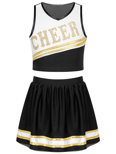 HULIJA Mädchen Cheer Leader Kostüm Set Ärmellos Crop Top mit Minirock Cheerleading Uniform Party Cosplay VerKleidung Schwarz 158-164 von HULIJA