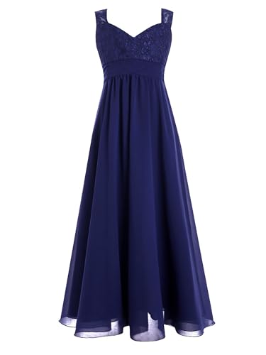 HULIJA Mädchen Festlich Kleid Ärmellos Blumenmädchenkleid Ballkleid Spitze Kleid Hochzeit Geburtstag Party Festzug B Navy Blau G 146-152 von HULIJA