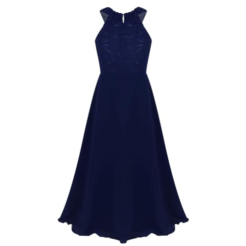 HULIJA Mädchen Festlich Kleid Lang Ärmellos Blumenmädchenkleid Spitze Blumen Kleid Brautjungferkleid Geburtstag Party Einschulung Feiertag Marine blau 134-140 von HULIJA