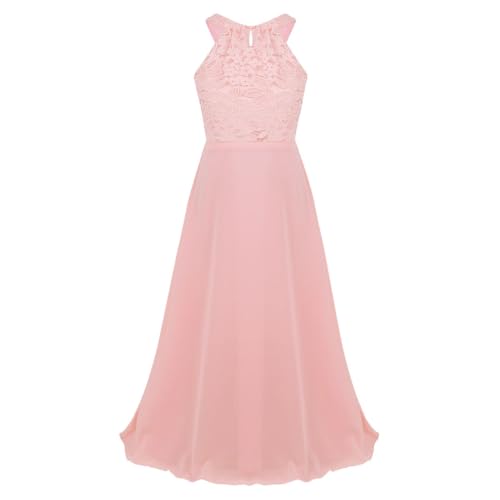 HULIJA Mädchen Festlich Kleid Lang Ärmellos Blumenmädchenkleid Spitze Blumen Kleid Brautjungferkleid Geburtstag Party Einschulung Feiertag Rosa 158-164 von HULIJA