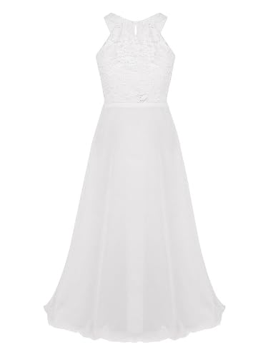 HULIJA Mädchen Festlich Kleid Lang Ärmellos Blumenmädchenkleid Spitze Blumen Kleid Brautjungferkleid Geburtstag Party Einschulung Feiertag Weiß 134-140 von HULIJA