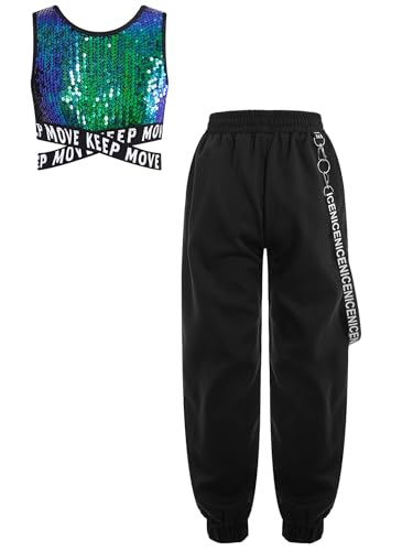 HULIJA Mädchen Hip Hop Kleidung Set Ärmellos Crop Top mit Pailletten + Cargo Hose Tanz Bekleidungsset Trainingsanzug Sport Jazz Wettbewerbe Grün 146-152 von HULIJA