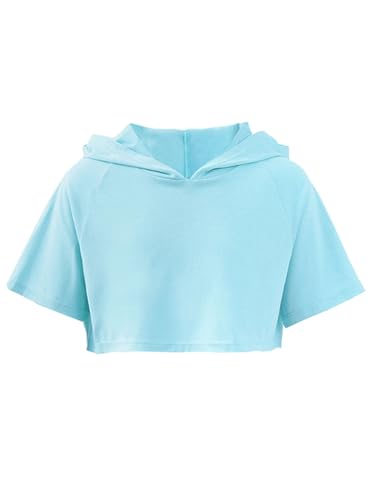 HULIJA Mädchen Kapuzensweatshirt Kurzarm Crop Top mit Kapuzen Hoodie Sportshirt Sweater Training Jogging Tanzen Hip Hop Hellblau 134-140 von HULIJA