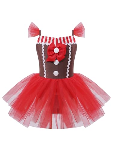 HULIJA Mädchen Lebkuchenmann Kostüm Ärmellos Weihnachten Kleid Tüllrock Tanzkleid Ballettbody Halloween Karneval Cosplay Verkleidung Rot 134-140 von HULIJA