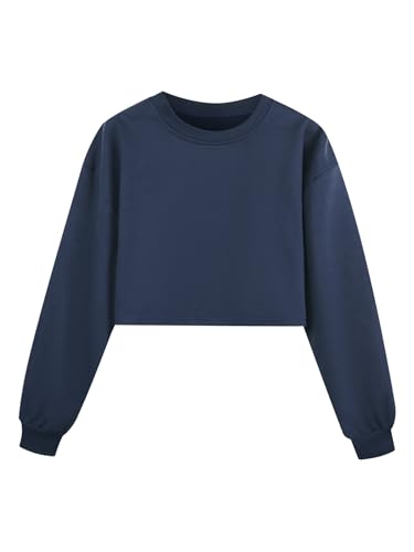 HULIJA Mädchen Pullover Langarm Kurz Sweatshirt Langarmshirt Crop Top Jumper Top Bauchfrei Oberteile Sportshirt Training Freizeit Marine blau 134-140 von HULIJA