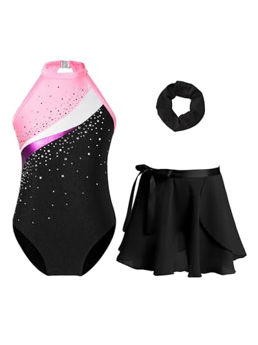 HULIJA Mädchen Tanzkleid Ärmellos Turnbody mit Strass + Mini Rock + Haarband Turnanzug Bühnenauftritt Wettkampf Eiskunstlaufen Rosa 146-152 von HULIJA