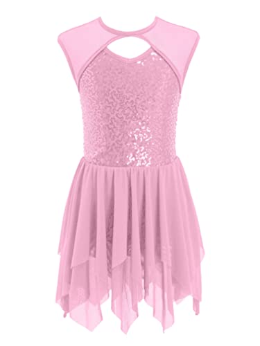 HULIJA Mädchen Tanzkleid Ärmellose Ballettkleid mit Pailletten Ballett Trikot Unregelmäßig Rock Swing Kleid Tango Tanzkleidung A Rosa 170-176 von HULIJA