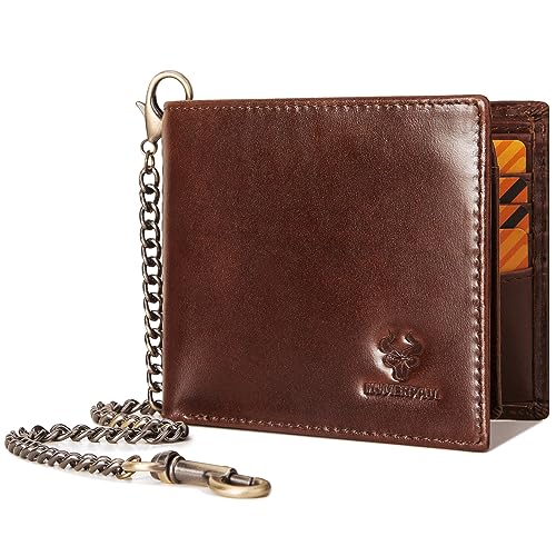 HUMERPAUL Herren-Geldbörse mit Kette, echtes Leder, RFID-blockierend, Bifold Wallet mit Ausweisfenster, Kartenfächern, Braun / Rot, S, Minimalistisch von HUMERPAUL