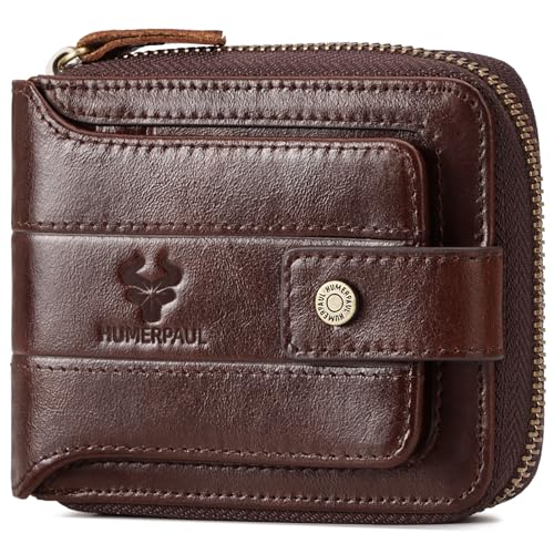 HUMERPAUL Herren-Geldbörse mit Reißverschluss, echtes Leder, RFID-blockierend, Bifold Herren-Geldbörse mit Ausweisfenster und Kreditkartenfächern (Kaffee), coffee, S, Modern von HUMERPAUL
