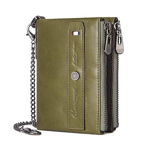 HUMERPAUL Herren Geldbörsen mit Kette, Ledergeldbörse für Herren mit RFID Schutz, Brieftasche aus echtem Leder mit Doppelreißverschluss und Anti-Diebstahl-Kette,Grün von HUMERPAUL