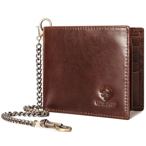 HUMERPAUL Geldbörse mit Kette für Herren, echtes Leder, RFID-blockierend, Bifold Wallets mit 2 Ausweisfenstern, BP711-Brown Red, modisch von HUMERPAUL