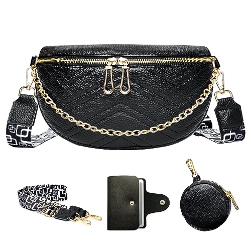 Umhängetasche Damen Klein Leder Handtasche Stylisch Crossbody Bag Schwarz Bauchtasche Crossbag Breiter Gurt Moderne Taschen Elegan mit Kreditkartenpaket,Echtleder von HUMEUHSU