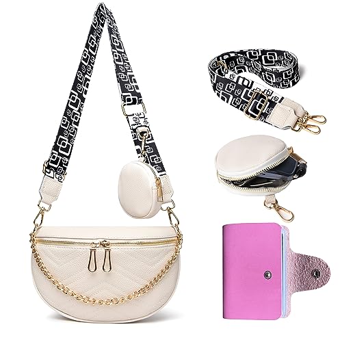 HUMEUHSU Handtasche Beige Damen Klein Leder Umhängetasche Crossbag Stylisch Bauchtasche Crossbody Bag Breiter Gurt Moderne Taschen Elegan mit Kreditkartenpaket,Echtleder von HUMEUHSU