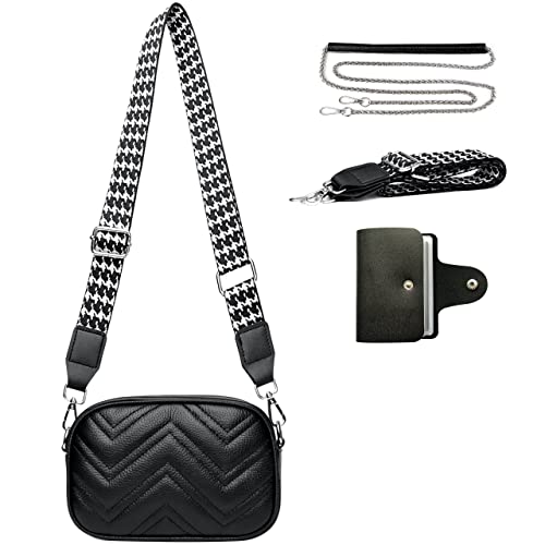 HUMEUHSU Umhängetasche Damen Leder Schwarz Handtasche Klein Crossbody Bag Moderne Taschen Mit 2 Austauschbaren Schultergurten und Kreditkartenpaket，Wellenförmiges Steppverfahren von HUMEUHSU