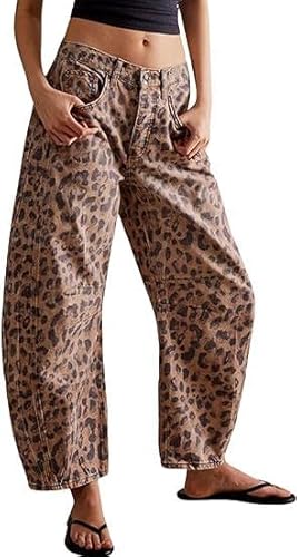 HUNGSON Damen Barrel Jeans Wide Leg Mid Rise Loose Y2k Baggy Boyfriend Jeans Denim Ankle Pants, Leopard, 46 von HUNGSON