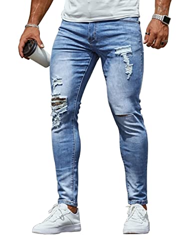 HUNGSON Herren Skinny Slim Fit Ripped Distressed Stretch Jeans Hose, Blue2001, 50 von HUNGSON