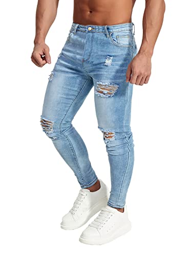 HUNGSON Herren Skinny Slim Fit Ripped Distressed Stretch Jeans Hose, blau2022, 50 von HUNGSON