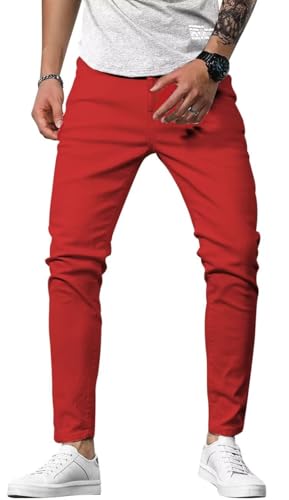 HUNGSON Herren Slim Fit Jeans Skinny Stretch Denim Hose für Männer Straight Fit - Rot - 52 von HUNGSON