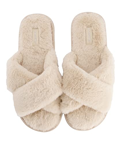 Hunkemöller Hausschuhe Crossed Fake Fur - oatmeal marl - 36/37 von HUNKEMÖLLER