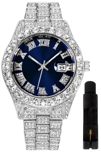 HUNRUY Hip Hop Uhren für Herren Iced-Out Bling Diamant Luxus Quarz Uhren mit Datum, 42 mm, Silber, Dunkelblau, modisch HUNRUY Hip Hop Uhren für Herren Iced-Out Bling Diamant Luxus Quarz Uhren mit Datum, 42 mm, Silber, Dunkelblau, modisch von HUNRUY