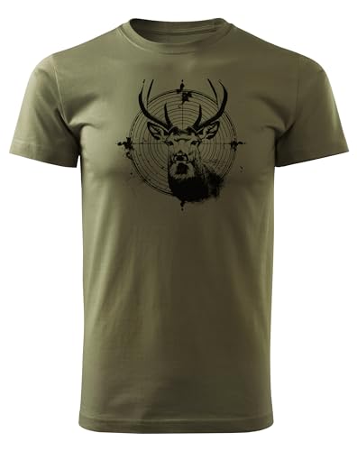 HUNT-G61 - T-Shirt für Jäger - Tshirt Herren - aus Baumwolle, Bequeme Passform - Jagd Geschenke, Geschenk für Jäger, Förster - Grün, mit Motiv Hirsch im Fadenkreuz - XXL von HUNT-G61