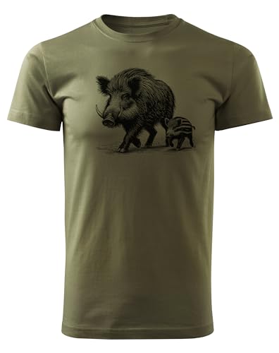 HUNT-G61 - T-Shirt für Jäger - Tshirt Herren - aus Baumwolle, Bequeme Passform - Jagd Geschenke, Geschenk für Jäger, Förster - Grün, mit Motiv Wildschwein mit Frischling - L von HUNT-G61