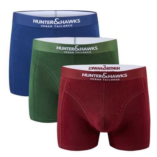 Hunter&Hawks Herren 3er Pack Organic Baumwolle Boxershorts, S-6XL, Herren Stretch Boxers Weiche Taille, Atmungsaktive Trunks, Anti-Reibung Unterwäsche Blau, Armeegrün, Bordeaux, Mehrfarbig, Multipack von HUNTER&HAWKS URBAN TAILORED