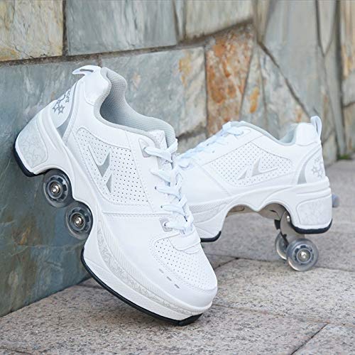 Unisex-Kinder Skateboard Schuhe Kinderschuhe Mit Rollen Skate Shoes Rollen Schuhe Sportschuhe Laufschuhe Sneakers Mit Rollen Kinder Jungen Mädchen,White-EU32 von HUOQILIN