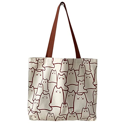 HUPYOMLER Damen-Einkaufstasche, niedliche Katze, Handtasche mit Reißverschluss, japanischer Stil, Cartoon-Schultertasche (Beige), beige von HUPYOMLER