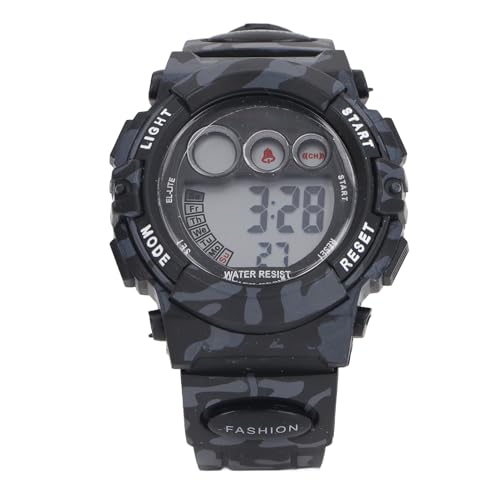 HURRISE Kinder-Digitaluhr mit Tarnmuster, 7 Farben LED-Hintergrundbeleuchtung, 50 M Wasserdicht, Wecker, Split-Timer, für Jungen Im Alter von 5–17 Jahren, mit Kalender (Black) von HURRISE