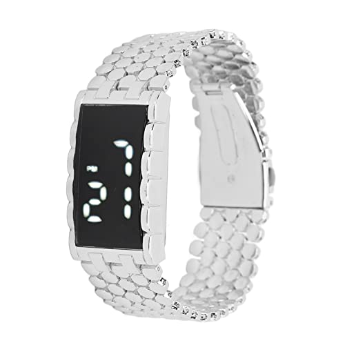 HURRISE LED-Uhr mit Doppelter Offener Edelstahlschnalle, Digitale Armbanduhr mit Metallarmband und Rechteckigem Zifferblatt für Outdoor-Aktivitäten(Silber) von HURRISE