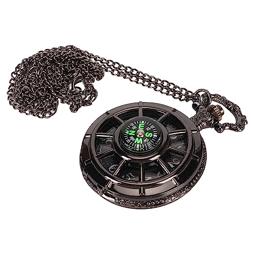 HURRISE Vintage Taschenuhr, Quarzwerk, Ausgehöhltes Zifferblatt, Kompass, Herren-Taschenuhr mit Kette, Schwarz von HURRISE