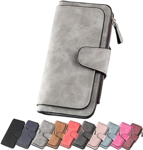 HURUMA Retro Glamorous Multiple Slots Women Wallets,PU Leather Trifold Billfolds for Women,Frosted Coin Purse Large Capacity Card Holder,Long Purse Credit Card Clutch (Grey) von HURUMA