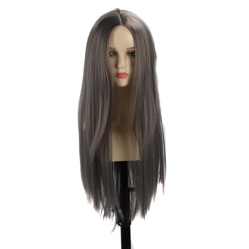 HUSHUI Lange Gerade Perücken, Mittlerer Teil Synthetischer Haarperücke mit Integriertem Haarnetz, Hitzebeständige Hohe Dichte für Frauen Cosplay Täglich (Rauchig grau) von HUSHUI