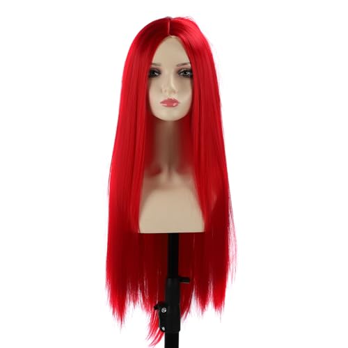 HUSHUI Lange Gerade Perücken, Mittlerer Teil Synthetischer Haarperücke mit Integriertem Haarnetz, Hitzebeständige Hohe Dichte für Frauen Cosplay Täglich (Rot) von HUSHUI