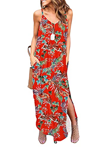 HUSKARY Damen Sommer Casual Ärmellos V Ausschnitt Träger Split Lose Kleid Strand Cover Up Lange Cami Maxi Kleider mit Tasche, Rote Blätter, X-Groß von HUSKARY