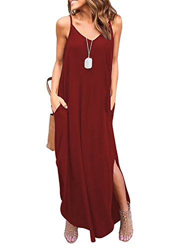 HUSKARY Damen Sommer Casual Ärmellos V-Ausschnitt Träger Split Lose Kleid Strand Cover Up Lange Cami Maxikleider mit Tasche, Rot/Ausflug, einfarbig (Getaway Solids), Klein von HUSKARY